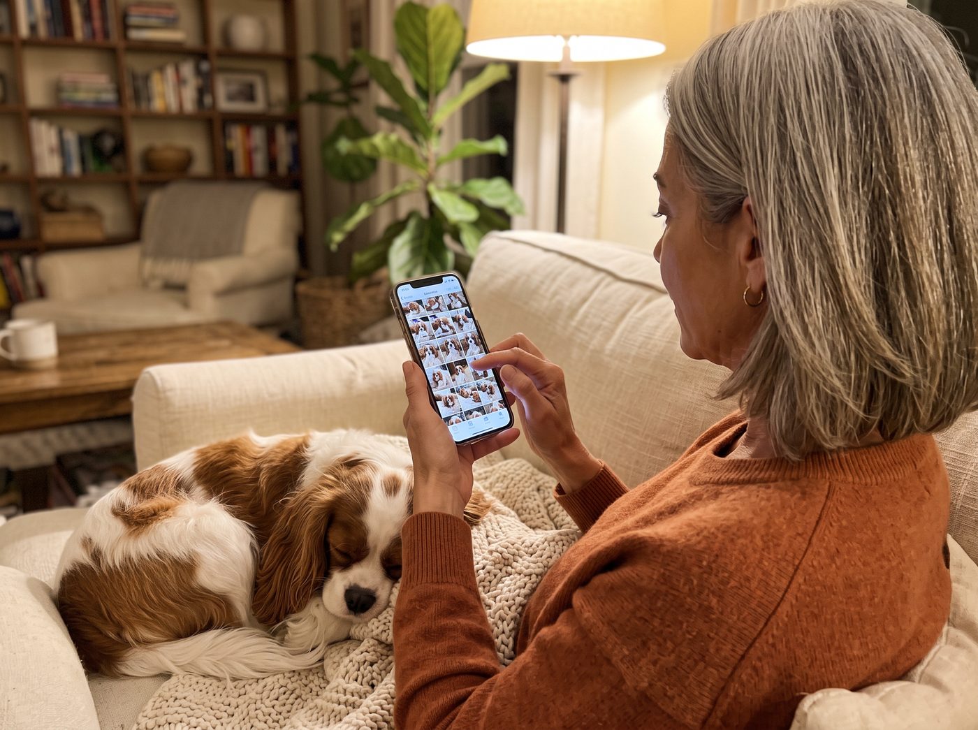 Margaret scrolling through hundreds of photos of Charlie on her phone while he sleeps next to her on the sofa