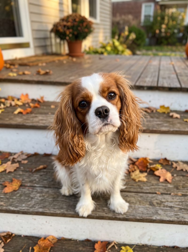 The original phone photo of Charlie sitting on the porch steps in autumn