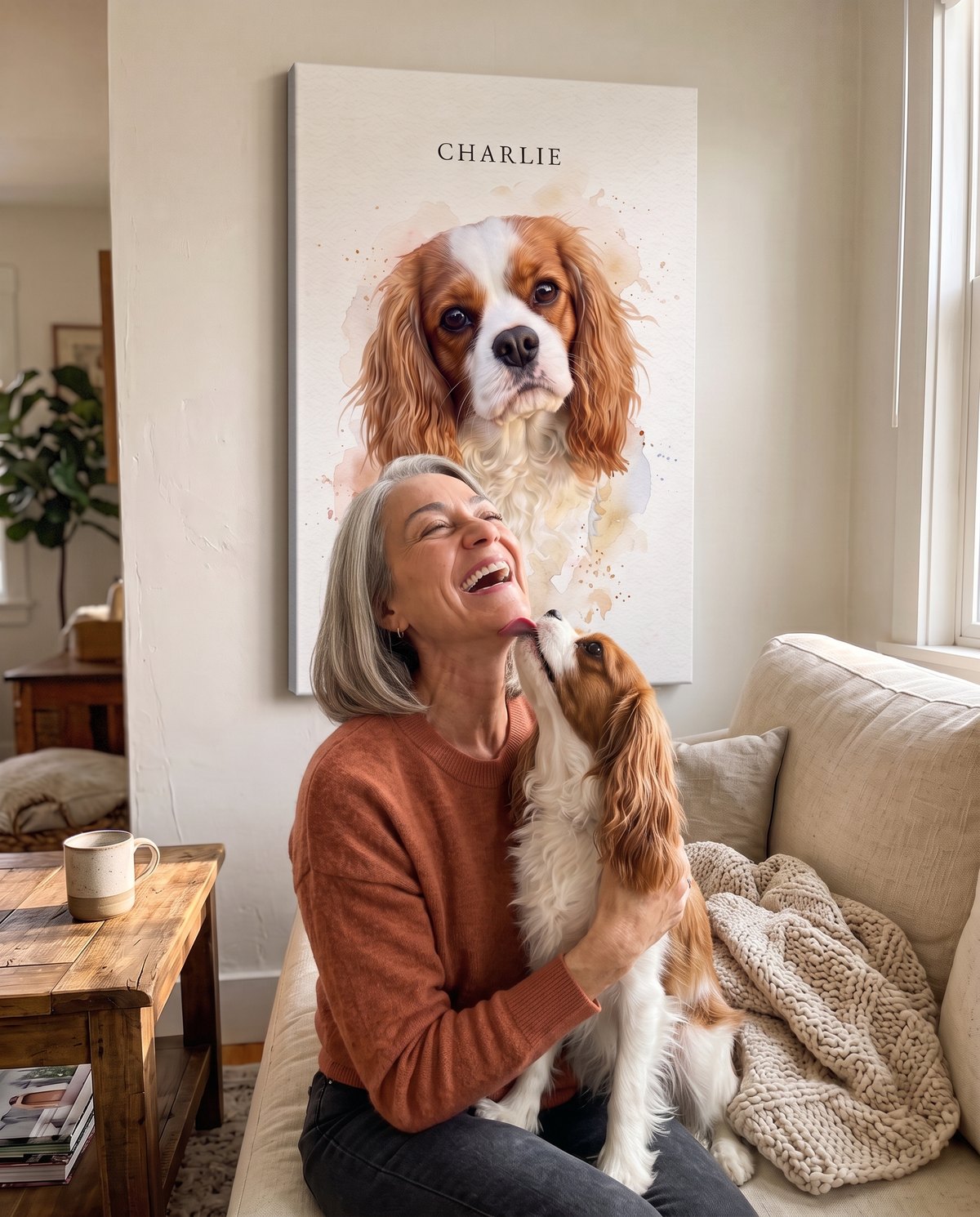 Margaret laughing as Charlie licks her chin, with his portrait on the wall behind them