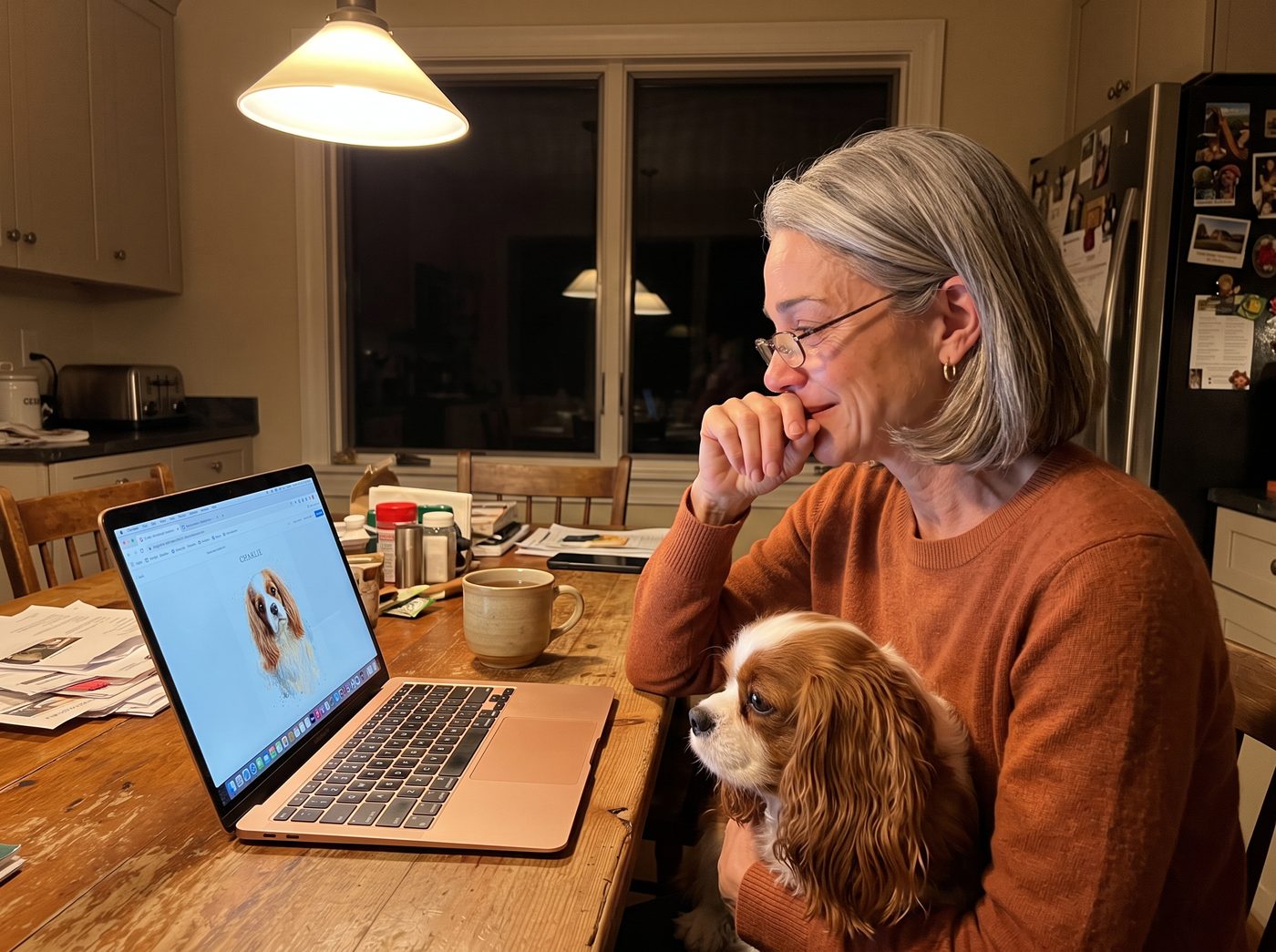 Margaret at her kitchen table late at night, moved, looking at Charlie's watercolor portrait on her laptop with Charlie on her lap