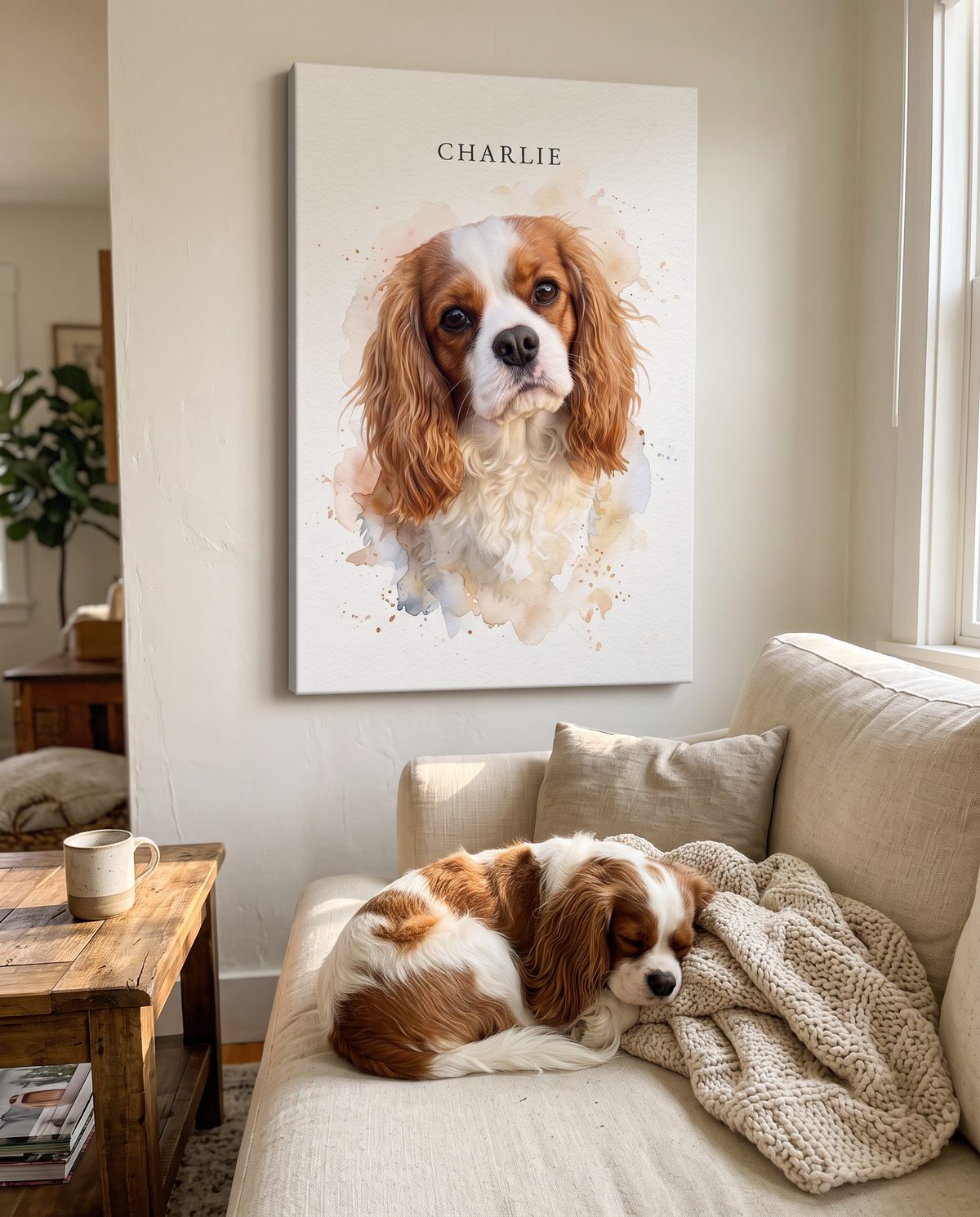 Charlie asleep on the sofa directly beneath his watercolor canvas portrait