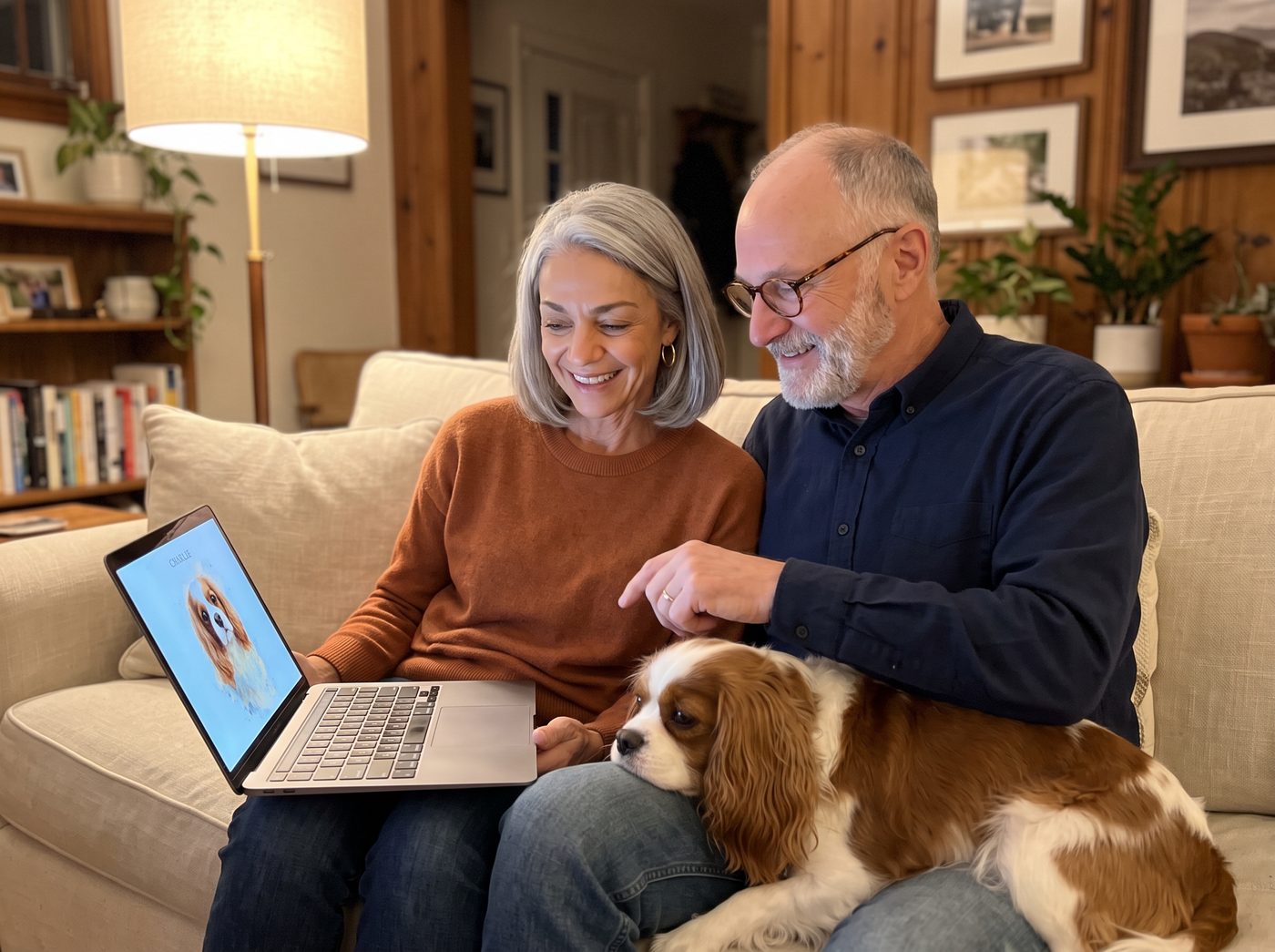 Tom and Margaret on the sofa laughing at Charlie's portrait on the laptop, with Charlie between them