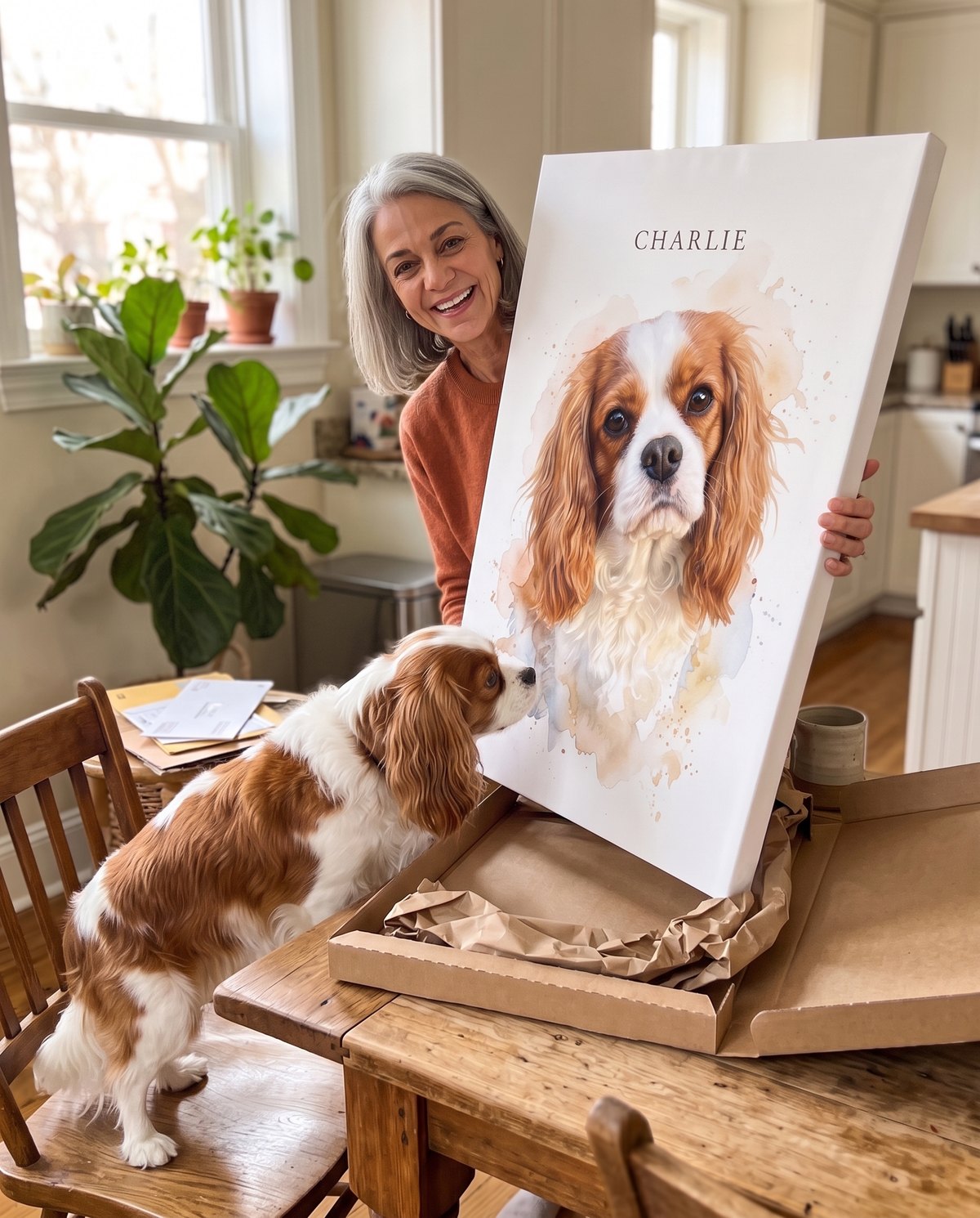 Margaret lifting the finished watercolor canvas of Charlie out of its flat kraft shipping box while Charlie sniffs it
